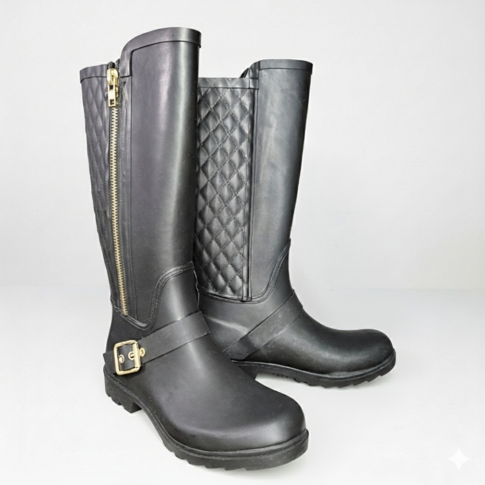 Steve Madden Size 8 Rainboots Northpol Black Quilted Zipper Knee High Waterproof